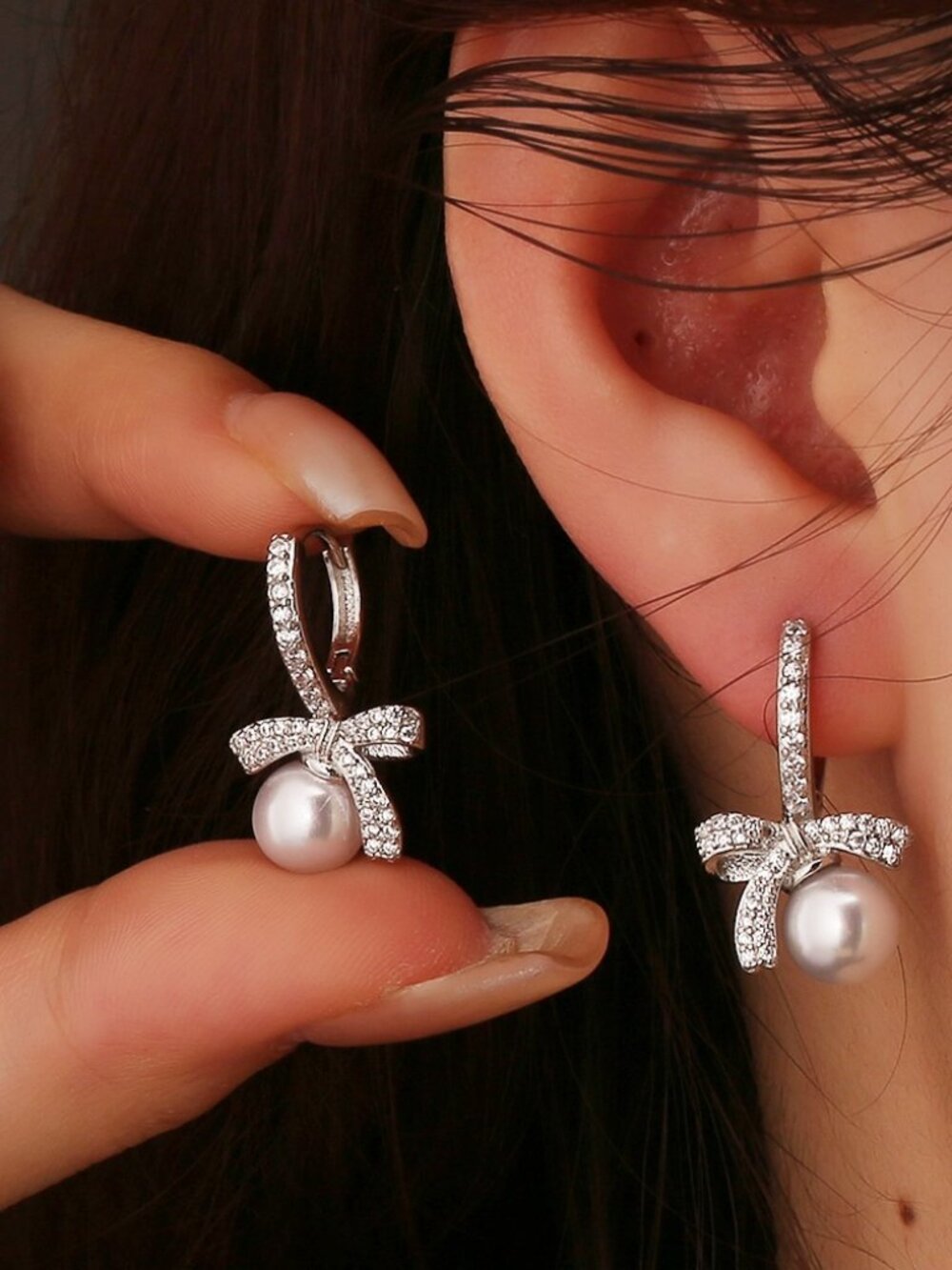 3/$35 NWT Silver Bow Pearl Drop Huggie Earrings Rhinestone Coquette